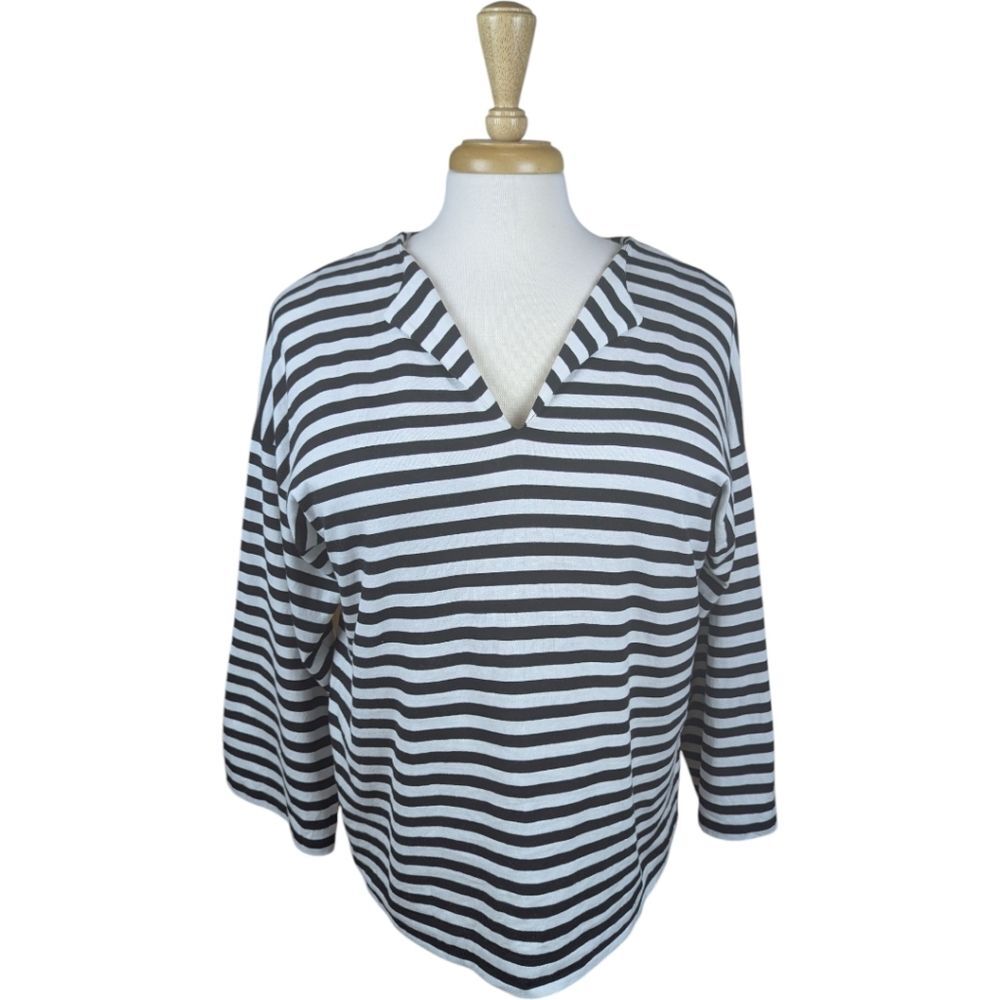 Marimekko Split Neck Black And White Striped Top Women's Size Large